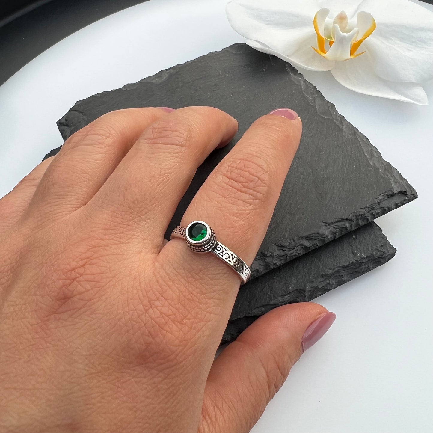 Green Crystal Ring, Dainty Silver Ring, Adjustable Dainty Silver Ring For Women, Open Ring, Silver Thumb Ring , Gift for Her